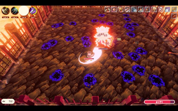 A character in the center of the image swings their weapon at a floating tentacle beast, which flashes orange upon being hit. Icons in every corner provide information like health bar, coin total, equipped weapons and their cooldowns, and passive equipment.