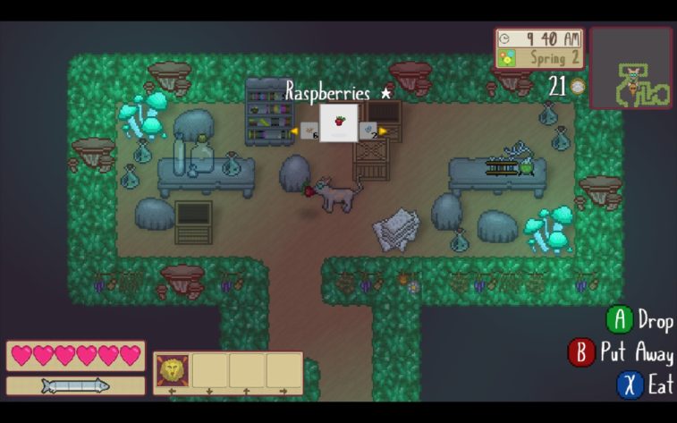 Protagonist stands in a den, which has a fungal laboratory vibe, holding raspberries, with the option to scroll to other items or to interact with the raspberries.