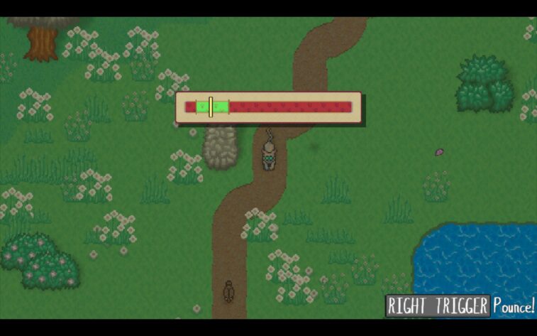 Valerie's Best Games of 2023 A cat crouches in a field, preparing to pounce on a bird. Trees, bushes, flowers, a path, and a pond add scenery. The UI shows a slider just above the character, with a prompt in the lower right corner to press right trigger to pounce.