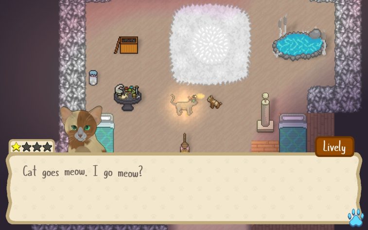 A tan and brown kitten named Lively says "Cat goes meow. I go meow?" They are sitting in their den with the protagonist, and various furniture is scattered about the place.