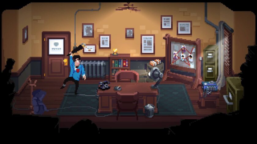 Best Games of 2024 a man in a blue suit holding an umbrella over his head in a police detective office