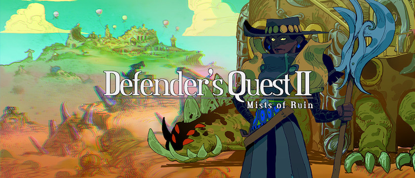 Defender's Quest 2 art banner features the turtle-like Reeves and Evni out in the sickly green world. Published on: LadiesGamers