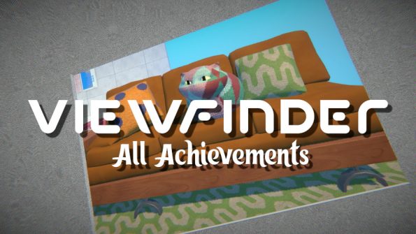 A knit pillow cat sits on a brown couch with a green pillow on one side and a orange one on the other. The words Viewfinder All Achievements sits overtop the image.