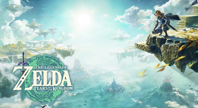 Title image for The Legend of Zelda: Tears of the Kingdom with Link crouching, peering over the edge of a sky island.