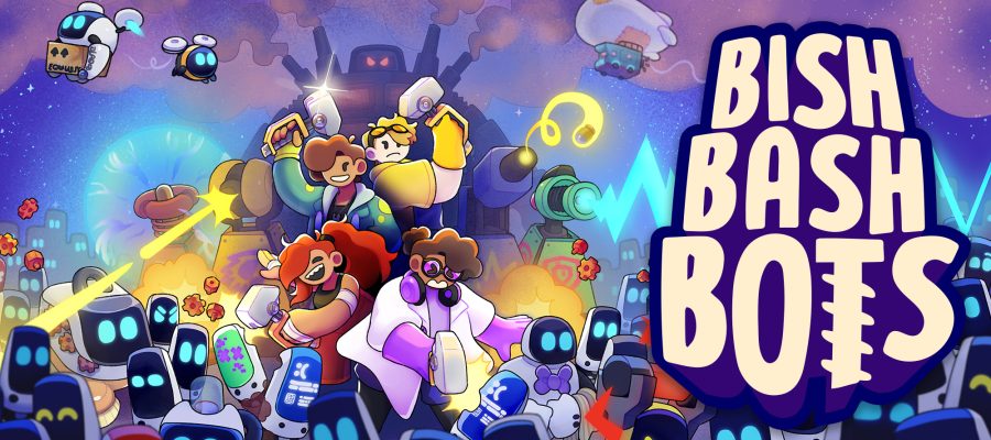 the game title. The games four hero's and several robots can be seen smiling