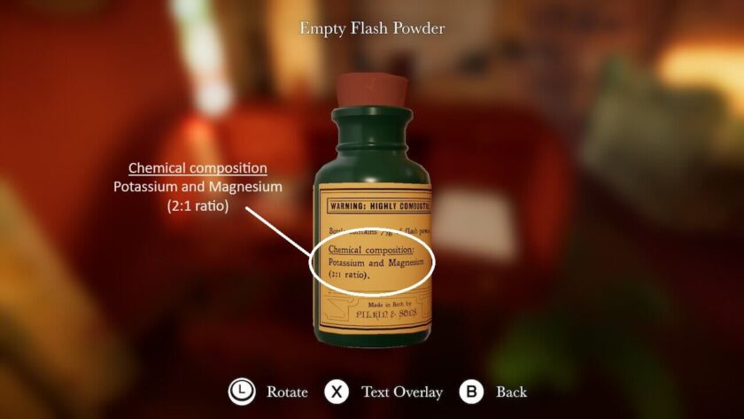 Empty flash powder bottle, with chemical composition of potassium and magnesium in the ratio of 2 to 1. Part of the Botany Manor Guide at LadiesGamers dot com.