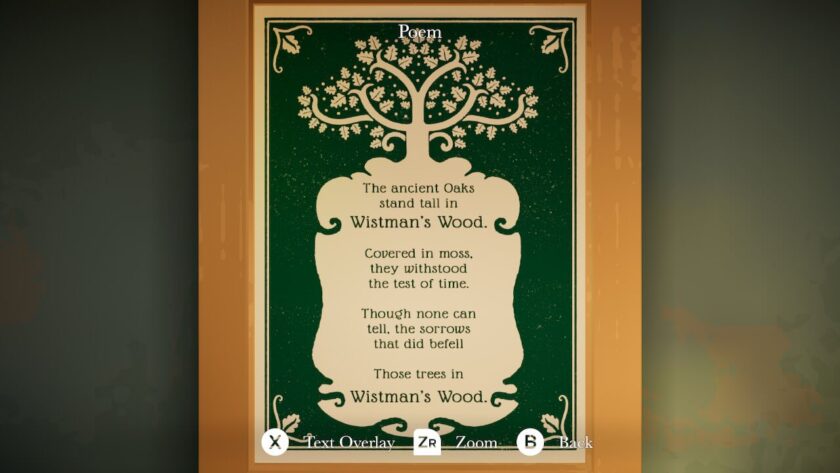 The poem reads: The ancient oaks stand tall in Wistman's Wood. Covered in moss, they withstood the test of time. Though none can tell, the sorrows that did befell. Those trees in Wistman's Wood. 