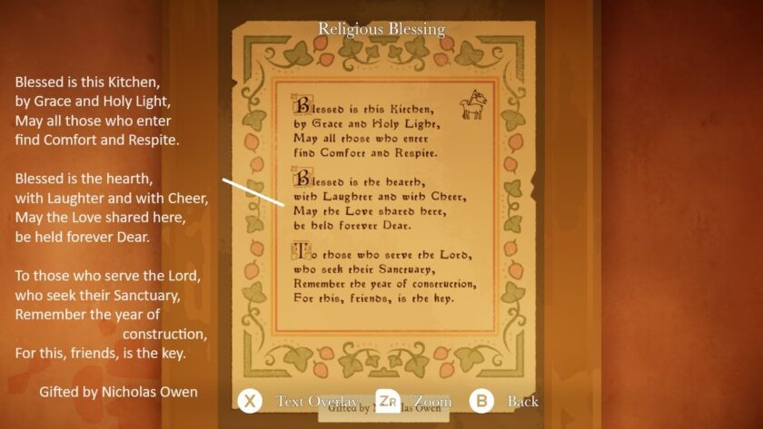 The blessing ends with “To those who serve the Lord, who seek their Sanctuary, remember the year of construction, for this, friend, is the key.” Part of the Botany Manor Guide at LadiesGamers dot com.