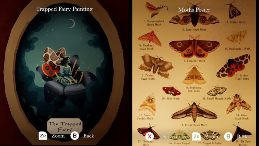 Photomontage of the trapped moth painting next to the moths poster. Part of the Botany Manor Guide at LadiesGamers dot com.