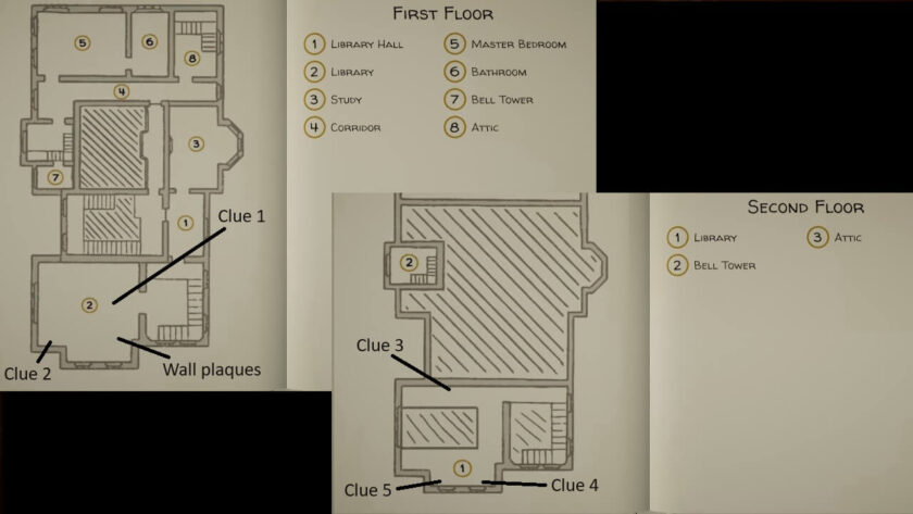 Map of the first and second floors of Botany Manor, showing the location of all five clues. Also marked are the wall plaques. Part of the Botany Manor Guide at LadiesGamers dot com.