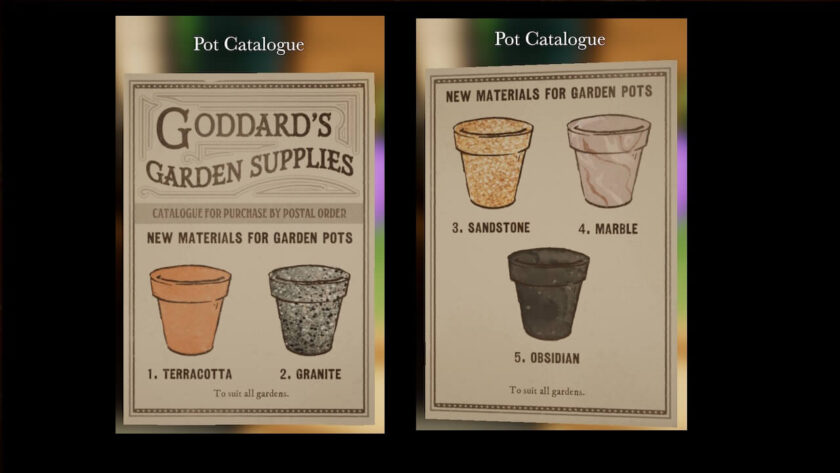 The two pages of the pot catalogue, showing the different pots (terracotta, granite, sandstone, marble and obsidian). Part of the Botany Manor Guide at LadiesGamers dot com.
