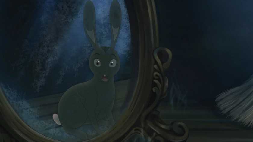A bunny looks surprised as she sees herself in the mirror in Bye Sweet Carole.
