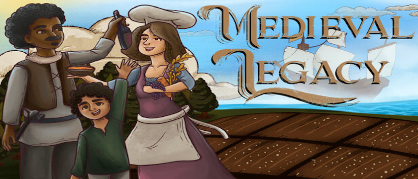 Banner art for Medieval Legacy, with a Black patriarch, his wife, and his child