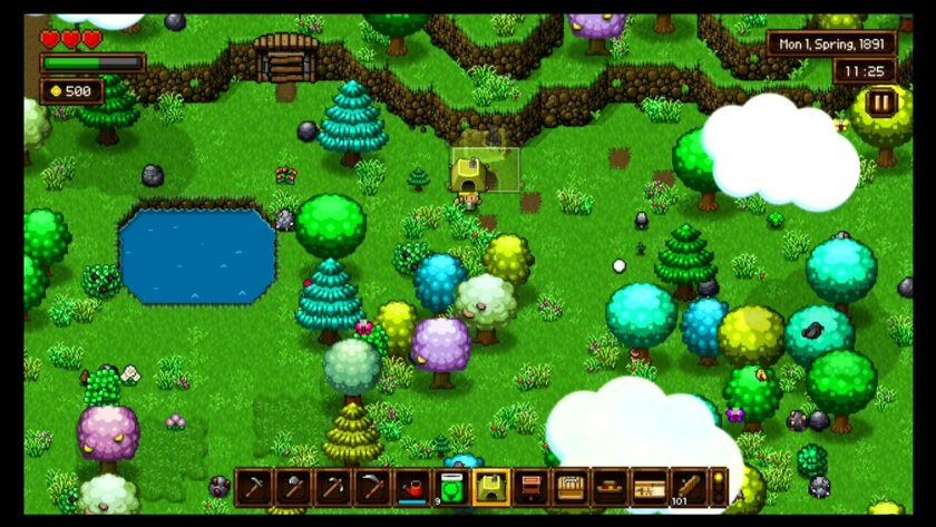 My character placing the tent, in a vast green area with trees and a pond. Published on LadiesGamers