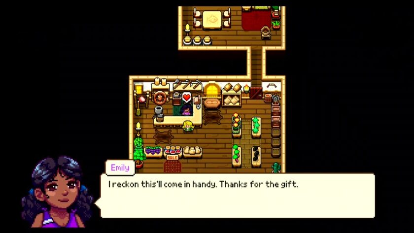 My character talking to Emily in the general store. Emily is saying “I reckon this'll come in handy. Thanks for the gift.” Published on LadiesGamers