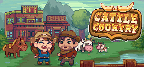 A vibrant pixel art scene from Cattle Country featuring two cheerful ranchers, a woman and a man, standing near a saloon and store. Behind them, a brown horse, cows, and a calf are grazing in the lush green landscape by a pond. The game's logo is prominently displayed in the upper-right corner. Published on: LadiesGamers.