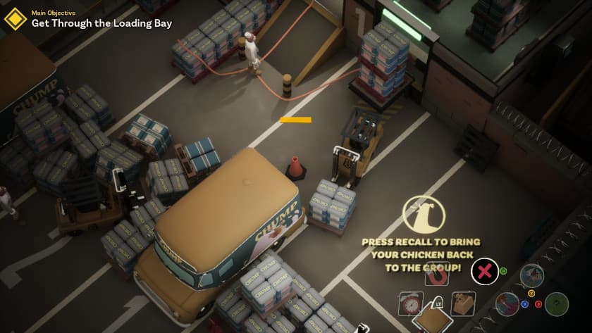 Three chickens run through a parking lot in Chicken Run: Eggstraction.