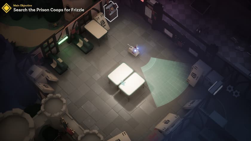 A chicken sneaks by a robot dog in Chicken Run: Eggstraction.