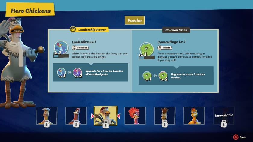 A list of hero chickens in Chicken Run: Eggstraction.