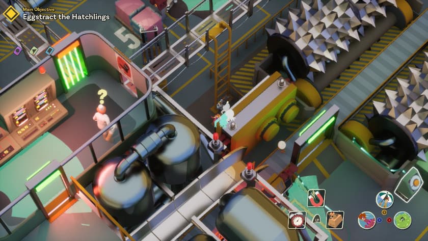 A egg is lost on one side of a block while everyone else is on the other in Chicken Run: Eggstraction.