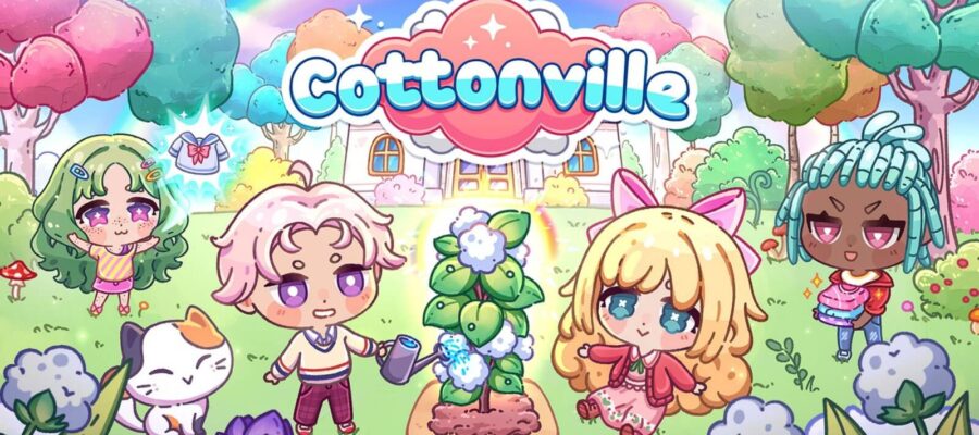Promotional image for Cottonville showing four cute chibi characters gathering around a cotton plant. One of the characters is watering the plant, another is carrying some clothes. The background is colourful with a house and trees. Published on LadiesGamers.