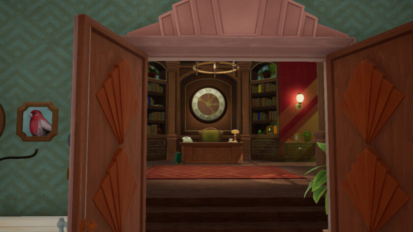 The double doors open to reveal an office area, with large desk and a clock with five hands. Published on: LadiesGamers