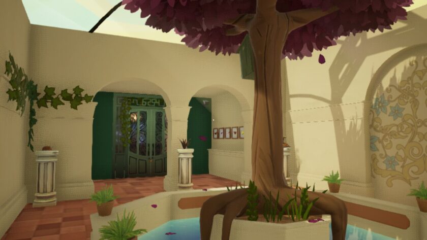 A large tree in an ornamental pond fills the outer area of the winter garden. There are green doors in the background. Published on LadiesGamers