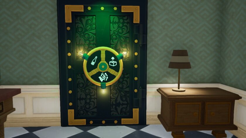 The vault door in the entrance hall with the three symbols lit. Published on LadiesGamers