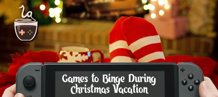 A hand holds a Switch in front of Christmas socks, a Christmas mugs and a fireplace decorated.