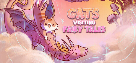 Cats Visiting Fairy Tales on a pink background a cat on top of a dragon. Published on LadiesGamers