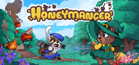 Honeymancer green background a raccoon with a purple hat running towards a bear in a green dress and a witchy hat