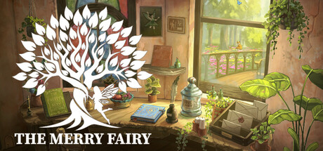 Promotional image for The Merry Fairy showing an interior of a room with a desk and writing supplies. There is a white tree motif with fairy above the text. Published on LadiesGamers