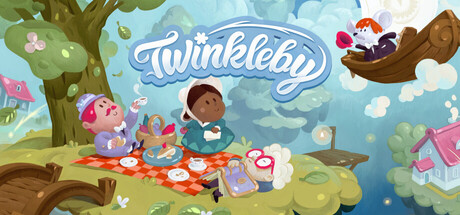 Promotional image for Twinkleby showing a picnic blanket with food items and a woman in a green dress and a man with red glasses