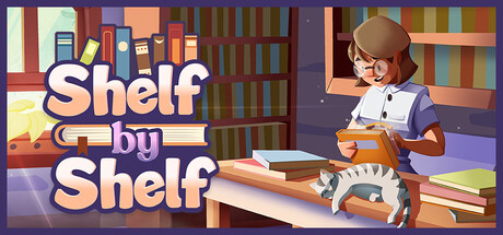 Scene of a bookstore. On the left, the title "Shelf by Shelf" is displayed in playful font with books integrated into the design. On the right, a person wearing glasses and a beret reads a book at a wooden table, surrounded by several other books and a sleeping cat. Behind them are bookshelves filled with books and a sunlit window.