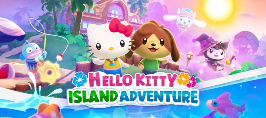 Title of Hello Kitty Island Adventure in bright colourful letters, with Hello Kitty and other SANRIO characters swimming, fishing and playing on a beach and in the sea.