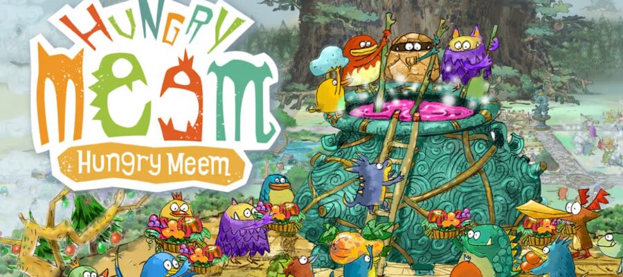 Promotional image for Hungry Meem showing various different shapes and coloured Meems cooking in a very large pot. Published on LadiesGamers.