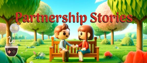 A banner titled 'Partnership Stories' for LadiesGamers' 10 year anniversary, portraying two animated characters sitting on a park bench, holding hands, symbolizing partnership. They are set against a vivid, pastoral backdrop with bright green trees, lush grass, and gently rolling hills. A peaceful, sunny sky stretches overhead. In the foreground, scattered flowers and butterflies add to the tranquil setting. In the top left, the anniversary icon with '10' in a speech bubble attached to a game controller cup is present, mirroring the celebration theme. Published on: LadiesGamers.