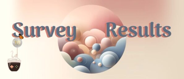 Pastel coloured with a dreamy like quality with a circle of fluffy balls in the middle. The text says Survey Results