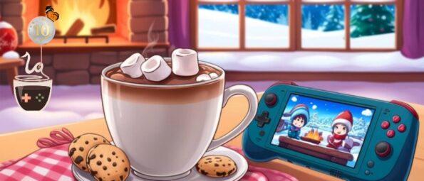 a cup of hot chocolate and a gaming device