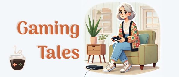 Illustration of a cozy gaming scene featuring a cheerful woman with gray hair, sitting on a comfortable green armchair, holding a game controller. She is dressed casually in jeans, sneakers, and a colorful knitted cardigan. Beside her is a wooden side table with a potted plant, and a gaming console is connected to a screen out of view. The text "Gaming Tales" appears on the left, with a small cup of coffee adorned with a gaming controller symbol. The ambiance suggests relaxation and enjoyment. Published on: LadiesGamers.