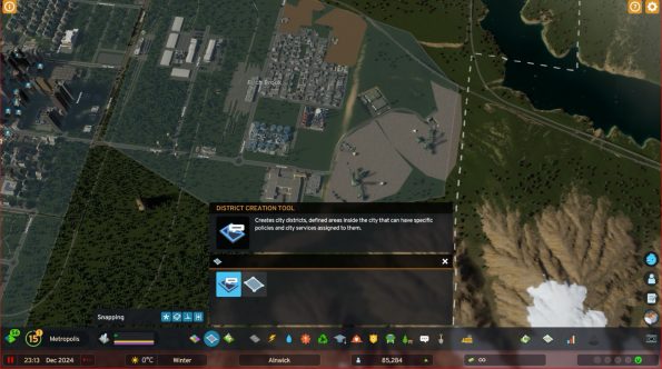 image shows the add districts screen that you use to areas in your city