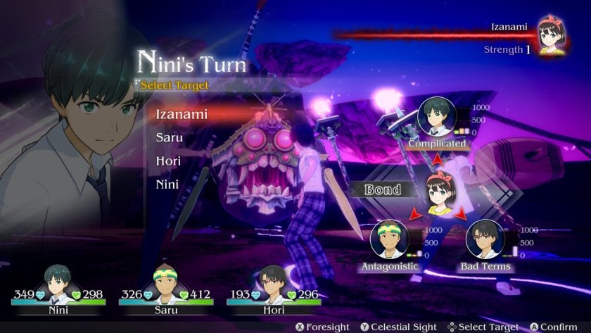 You see a battle screen, showing the friendship levels between all characters and the victim