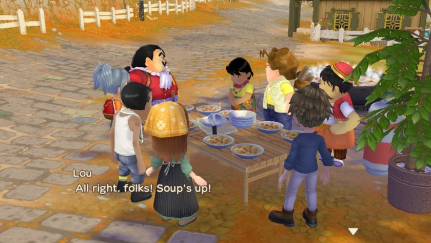 the towns people in Forget-me-not Valley are together at a big table eating together