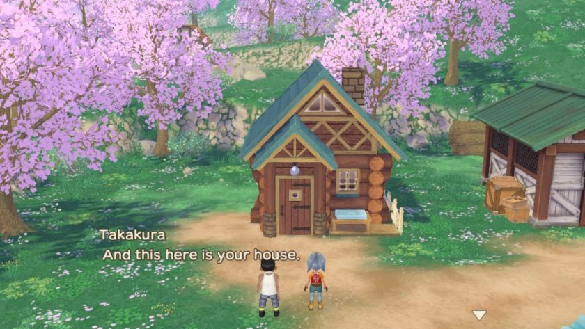 We see two characters in front of a farm house