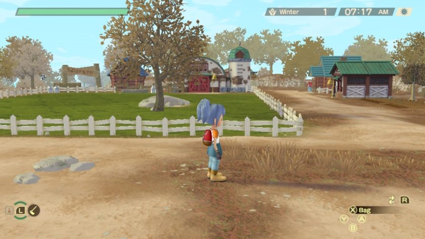 A farmer looking over her farm, with white picket fences and animals