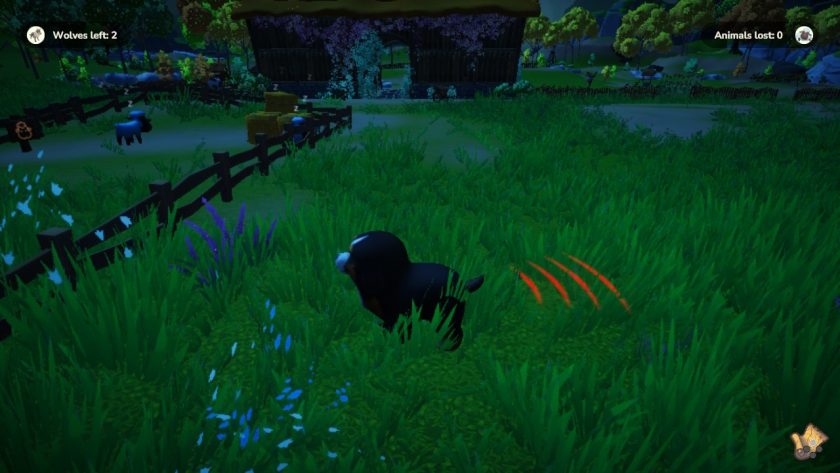 The dog stands guard over the sheep on the farm. We see red waves next to him where the wolves are expected