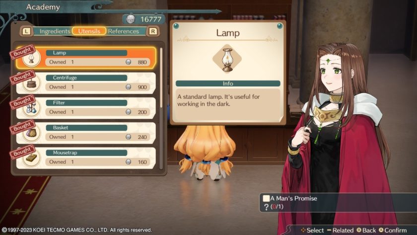 The Academy shop, where a lady in an official robe sells Utensils. We see a list of them and what they cost