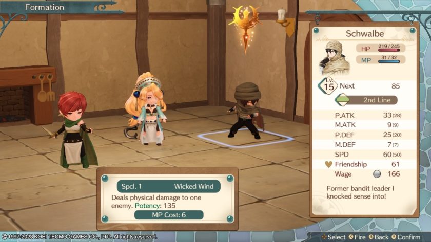 The team Marie has hired set in their formation. the screen also shows statistics and the special skills a team member had. 