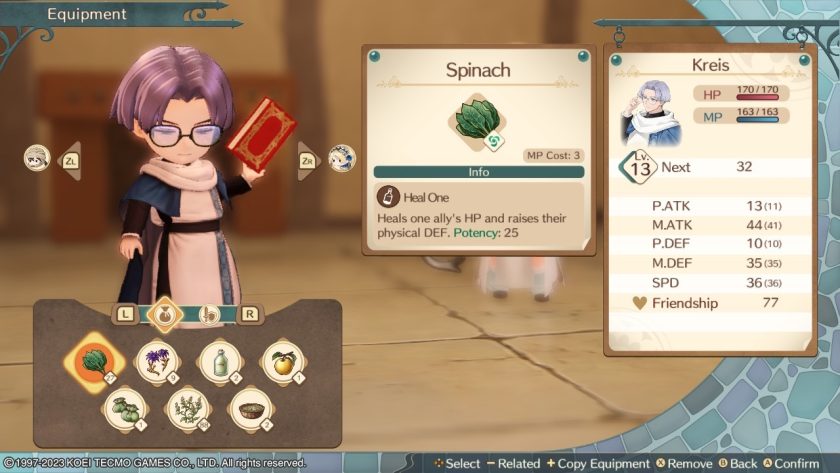 We see Kreis, his stats, and the items he has equipped