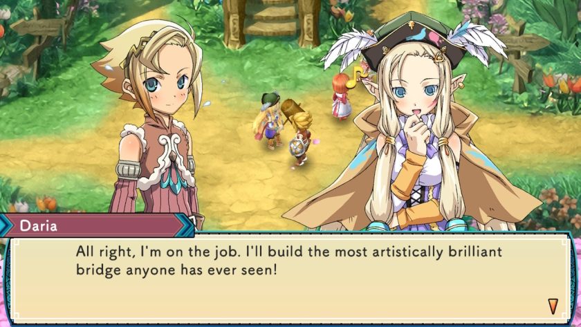 The protagonist in conversation with Daria, who is going to build a bridge in Privera Forest